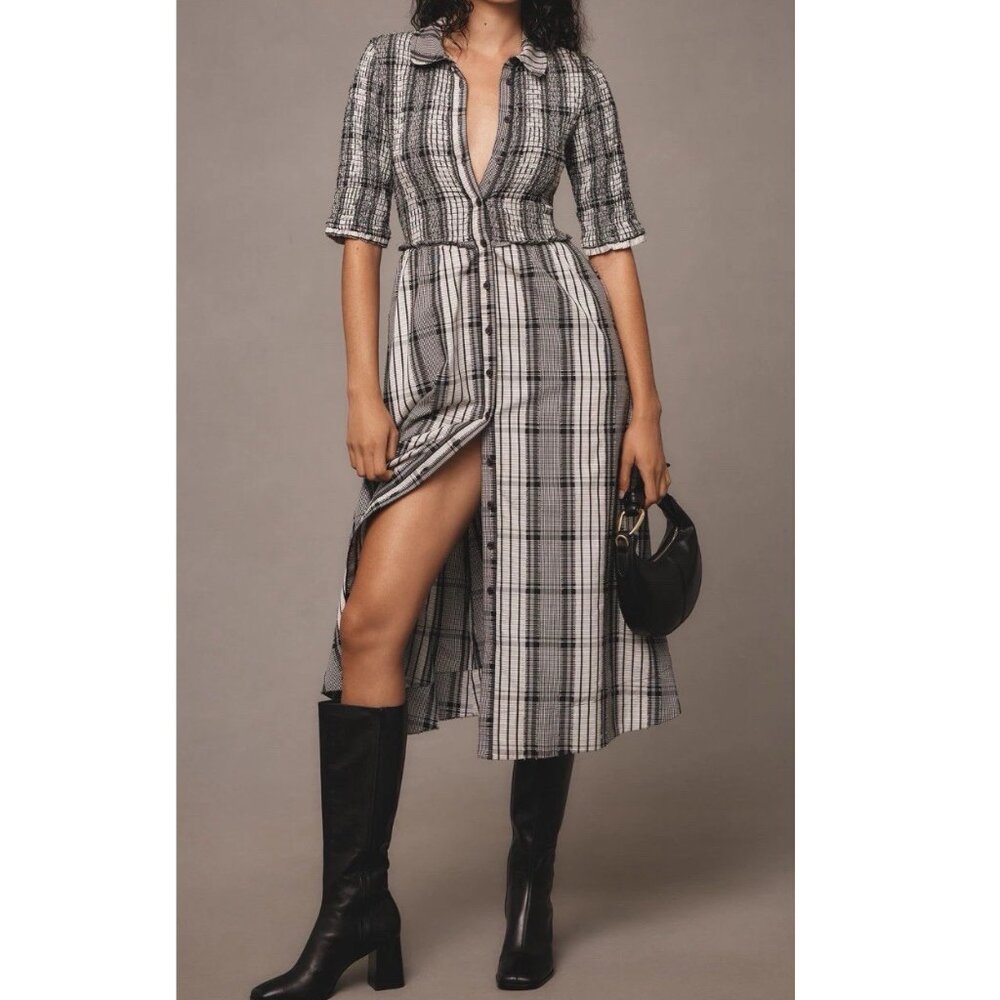 Anthropologie Maeve Short-Sleeve Smocked Midi Shirt Dress Black White M